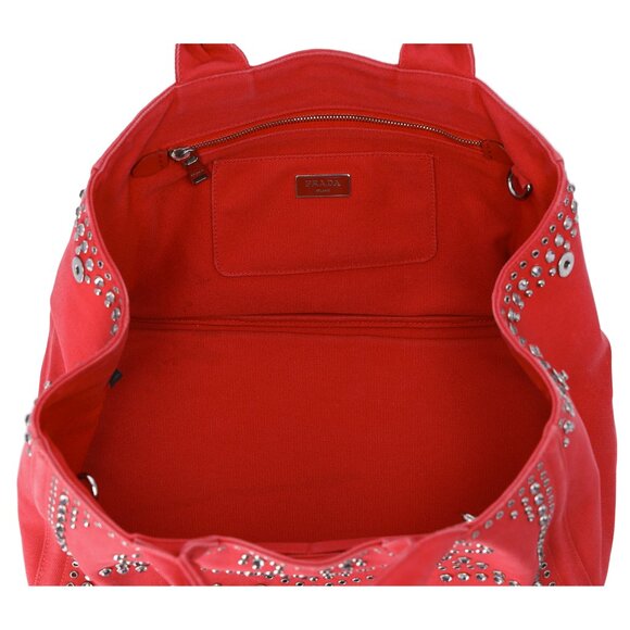 PRADA Canapa Tote Bag BN2642 Red Canvas Red Stones - Picture 8 of 8